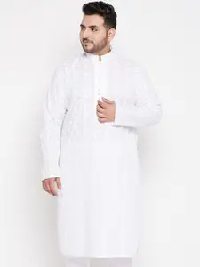 VASTRAMAY Plus Size Men White Paisley Embroidered Thread Work Kurta