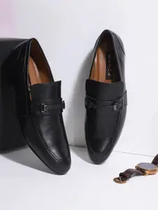 EZOK Men Black Solid Leather Buckle Formal Slip-Ons