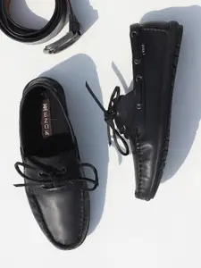 EZOK Men Black Leather Boat Shoes