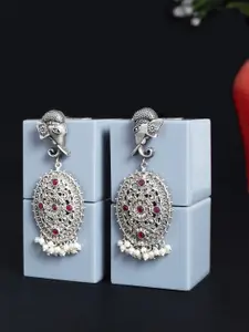 Golden Peacock Oxidised Silver-Toned Stone Beaded Ganesh Design Drop Earrings