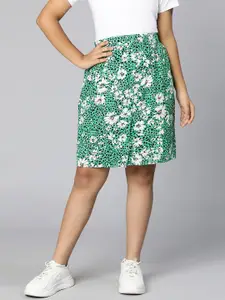 Oxolloxo Girls Green Floral Printed Knee Length A-Line Skirts