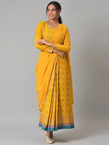W Yellow Glitter Printed Festive Insta Saree Dress with Belt