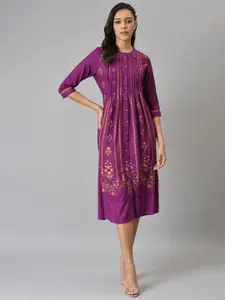 W Purple Ethnic Motifs Chiffon Ethnic A-Line Midi Dress