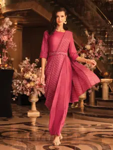 W Satin Maxi Insta Saree Dress with Embroidered Belt