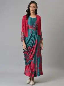 WISHFUL Green & Red Floral Satin Ethnic Maxi Dress