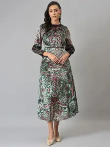 WISHFUL Green & Maroon Ethnic Motifs Chiffon A-Line Midi Dress