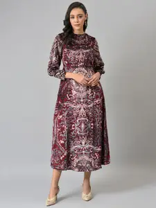 WISHFUL Red Ethnic Motifs Chiffon A-Line Midi Dress