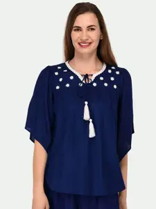 PATRORNA Navy Blue Tie-Up Neck Flared Sleeves Cotton Blend Top
