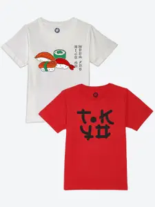 YK Boys Pack of 2 White & Red Anime Asian Food Printed Cotton T-shirts