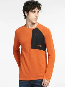 Jack & Jones Men Orange & Blue Colourblocked Pullover with Zip Detail