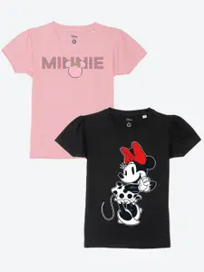 YK Disney Girls Pack Of 2 Minnie Mouse Print & Typography Round Neck T-shirt