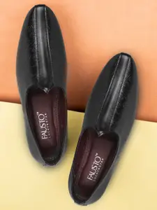 FAUSTO Men Black Floral Printed PU Slip On Ethnic Lightweight Mojaris