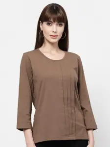 FLAWLESS Women Brown Solid Round Neck Regular Sleeves Top