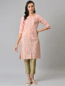 W Festive Geometric Print Shantung Straight Kurta