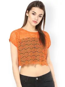 La Zoire Women Orange Lace Crop Top