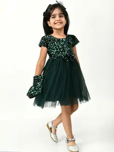 Bella Moda Girls Green Embellished Fit and Flare Dress