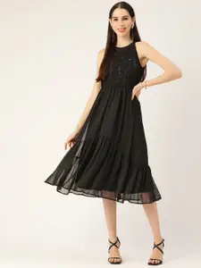 Antheaa Black Chiffon A-Line Midi Dress