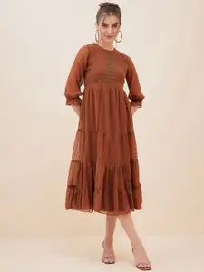Antheaa Brown Dobby Woven Embellished Maxi Tiered Dress