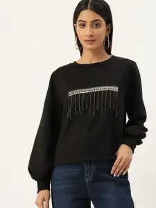 Antheaa Women Black & Silver Striped Embellished Sweatshirt