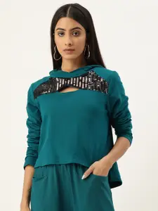 Antheaa Women Teal Hooded Sweatshirt