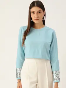 Antheaa Women Turquoise Blue Sweatshirt