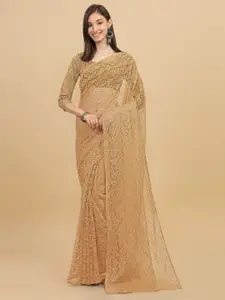 ORUS Bollywood Fashion Beige Floral Patchwork Net Saree