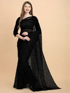 ORUS Bollywood Fashion Black Woven Design Net Saree
