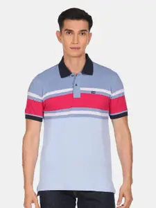 Arrow Sport Men Blue & Pink Printed Colourblocked Polo Collar T-shirt
