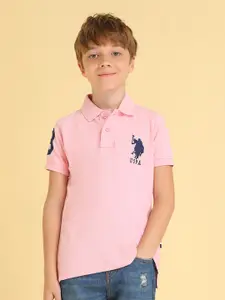 U.S. Polo Assn. Boys Pink & Blue Brand Logo Polo Collar Pure Cotton T-shirt