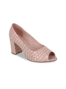 SHUZ TOUCH Nude-Coloured Textured Block Heeled Peep Toes