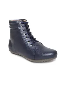 VALIOSAA Women Navy blue Solid Synthetic Mid Top Flat Boots