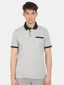 Arrow Men Grey & Black Colourblocked Polo Collar T-shirt