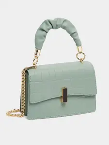 Styli Women Green Textured Flap Over Satchel Handbag with Chain Strap