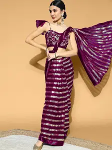 Chhabra 555 Purple & Silver-Toned Striped Sequinned Saree
