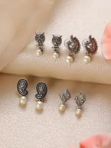 Jazz and Sizzle Set of 4 Silver Plated & White Floral Studs Earrings