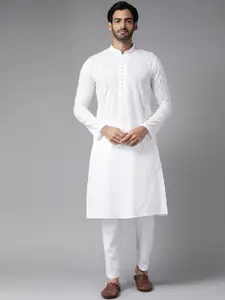See Designs Men White Solid Chikankari Embroidered Mandarin Collar Cotton Kurta