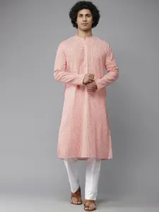 See Designs Men Peach-Coloured Geometric Printed Pure Cotton Kurta