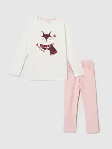Max Girls White & Peach-Coloured Printed Night suit