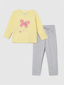 Max Girls Grey & Yellow Printed Pure Cotton Night suit