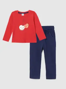 max Girls Navy Blue & Red Printed Pure Cotton Night suit