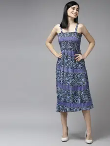 Aarika Navy Blue Floral Smocked Georgette Midi Dress