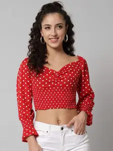 emeros Red & White Print Sweetheart Neck Crepe Crop Top