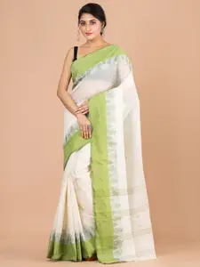 Laa Calcutta Off White & Green Ethnic Motifs Pure Cotton Jamdani Saree