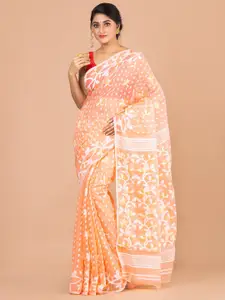 Laa Calcutta Pink & White Woven Design Pure Cotton Jamdani Saree