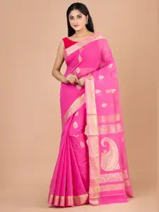 Laa Calcutta Pink & Gold-Toned Woven Design Zari Pure Cotton Jamdani Saree