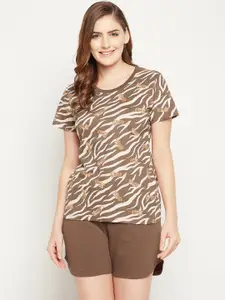 Clovia Clovia Women Brown & White Printed Night suit