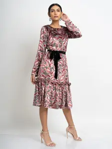 Hencemade Grey & Brown Floral Velvet A-Line Midi Dress