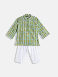 Readiprint Fashions Boys Green & White Printed Gotta Patti Cotton Kurti with Pyjamas