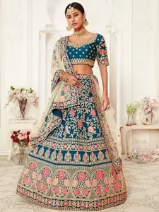FABPIXEL Blue & Pink Embroidered Semi-Stitched Lehenga & Unstitched Blouse With Dupatta