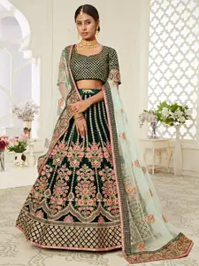 FABPIXEL Green & Gold-Toned Embroidered Sequinned Semi-Stitched Lehenga & Unstitched Blouse With Dupatta